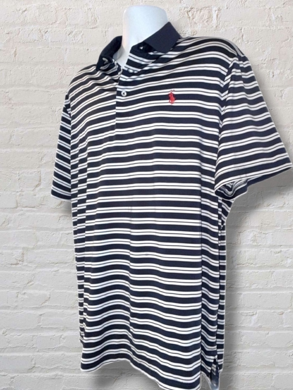 Ralph Lauren Recycled Airflow Polo Shirt Navy Striped Red Pony Logo Size Large